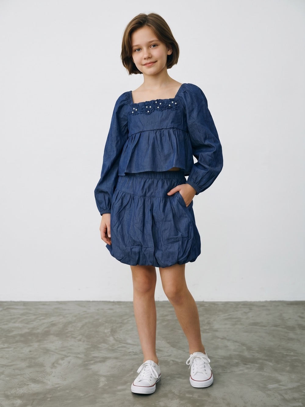 NWT Badgley Mischka Girl's Denim Blouse and Bubble Skirt Set With Hairclips Sz 8